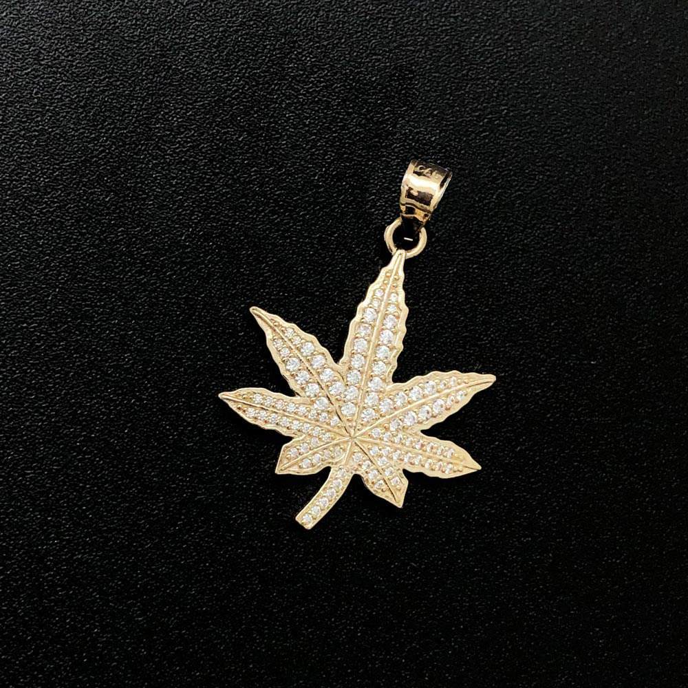 Marijuana Leaf CZ 10K Yellow Gold Pendant HipHopBling