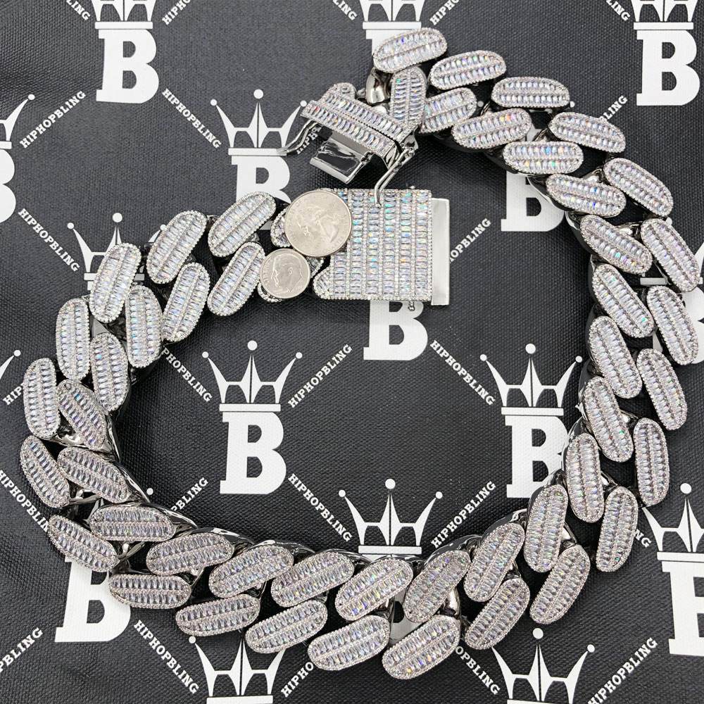 MASSIVE 40MM Baguette Cuban Hip Hop Iced Out Chain White Gold 24" HipHopBling