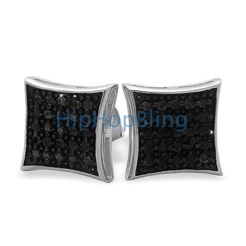 Medium Puffed Kite Black CZ Micro Pave Earrings .925 Silver HipHopBling