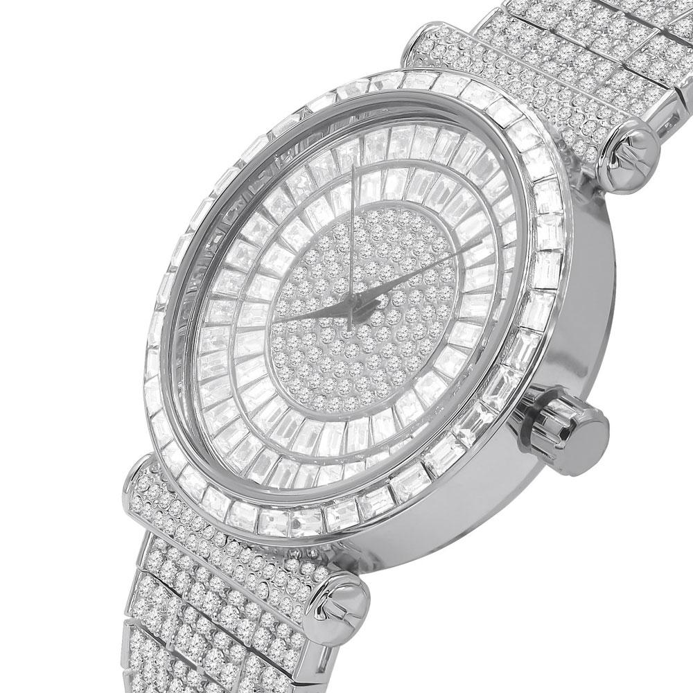 Mega Baguette 10 Row CZ Band Bling Watch White Gold HipHopBling