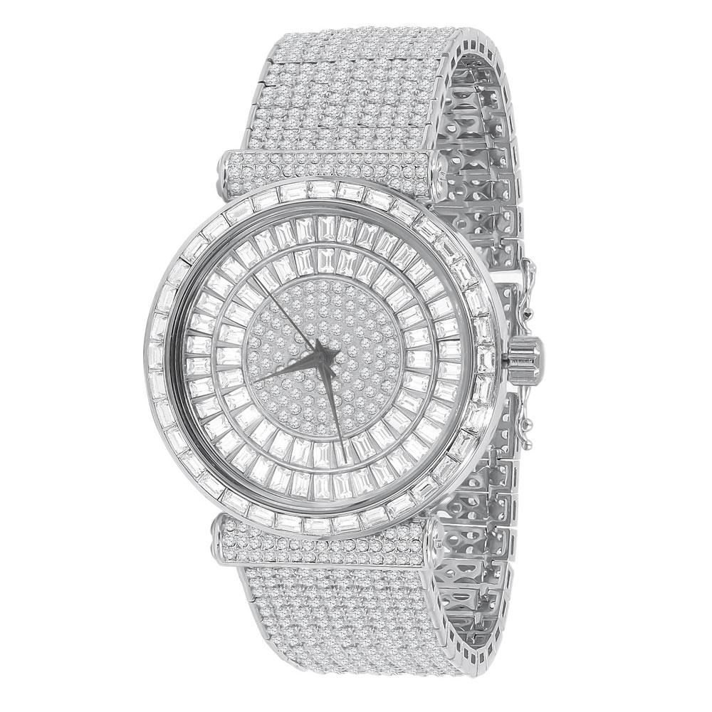 Mega Baguette 10 Row CZ Band Bling Watch White Gold HipHopBling