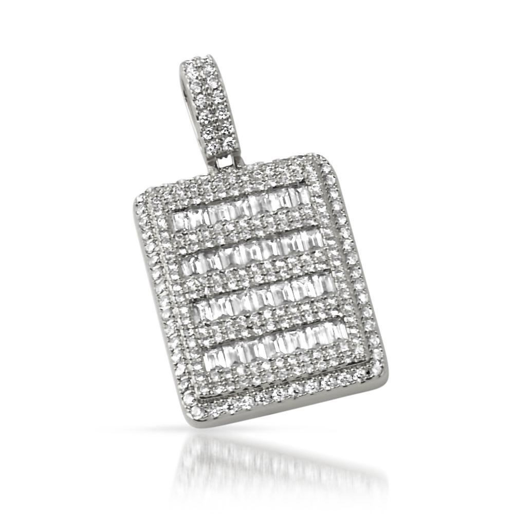 Micro Pave Baguette Dog Tag CZ Pendant in Rhodium HipHopBling