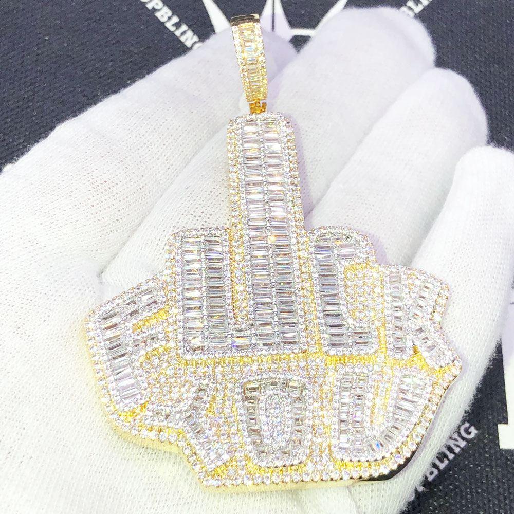 Middle Finger F YOU Baguette VVS CZ Hip Hop Iced Out Pendant Yellow Gold HipHopBling