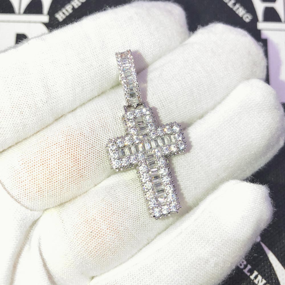 Mini Baguette Cross CZ Hip Hop Bling Bling Pendant Yellow Gold HipHopBling