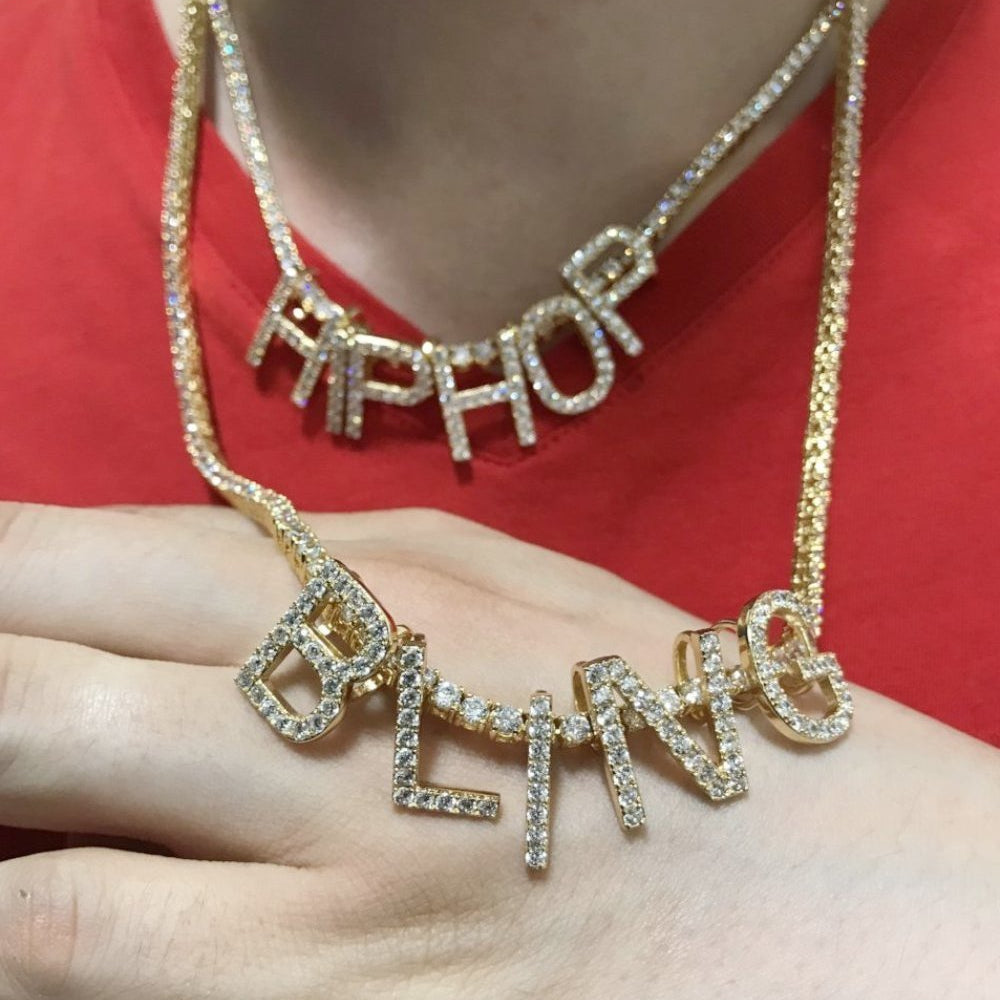Mini Block Initial CZ Letters - .925 Sterling Silver - 18K Yellow Gold A HipHopBling