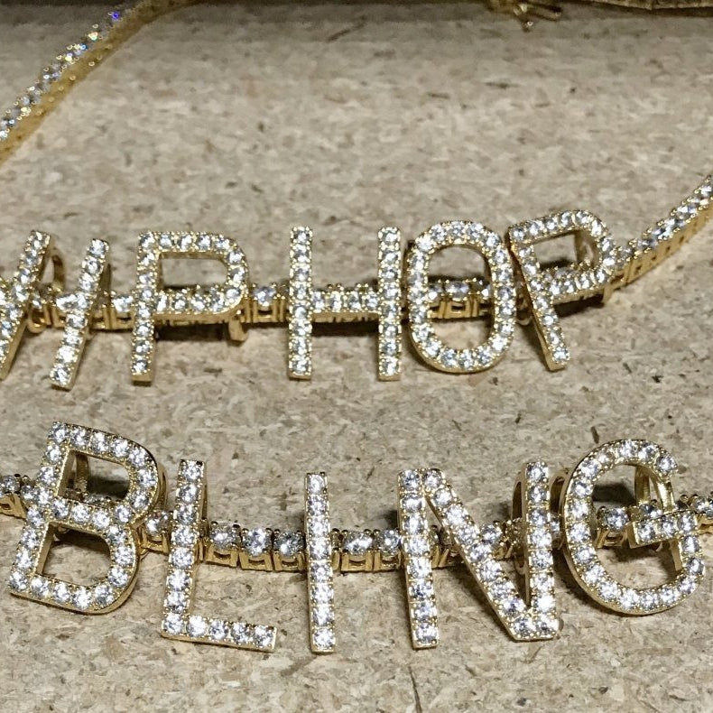 Mini Block Initial CZ Letters - .925 Sterling Silver - 18K Yellow Gold A HipHopBling