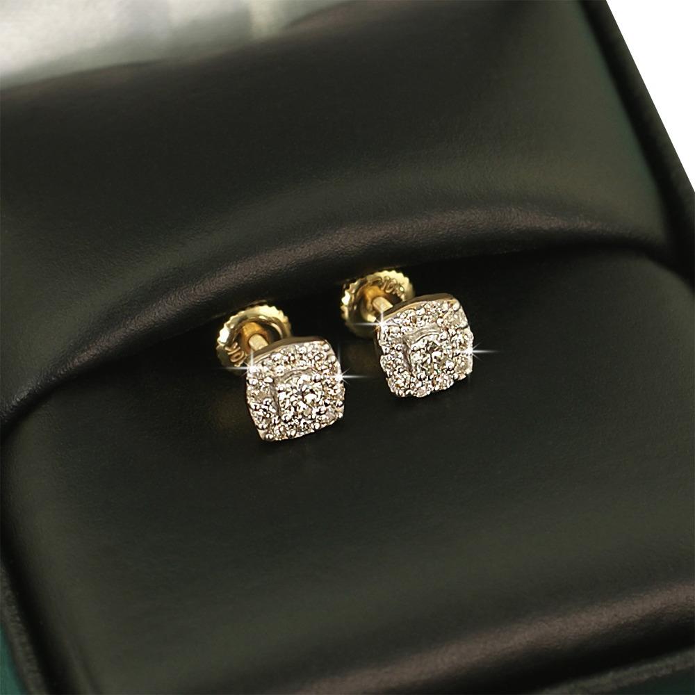 Mini Cushion Halo Diamond Earrings .33cttw 10K Yellow Gold HipHopBling