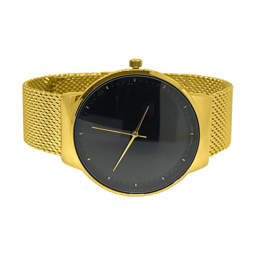 Minimalistic Black Dial Gold Mesh Band Watch HipHopBling