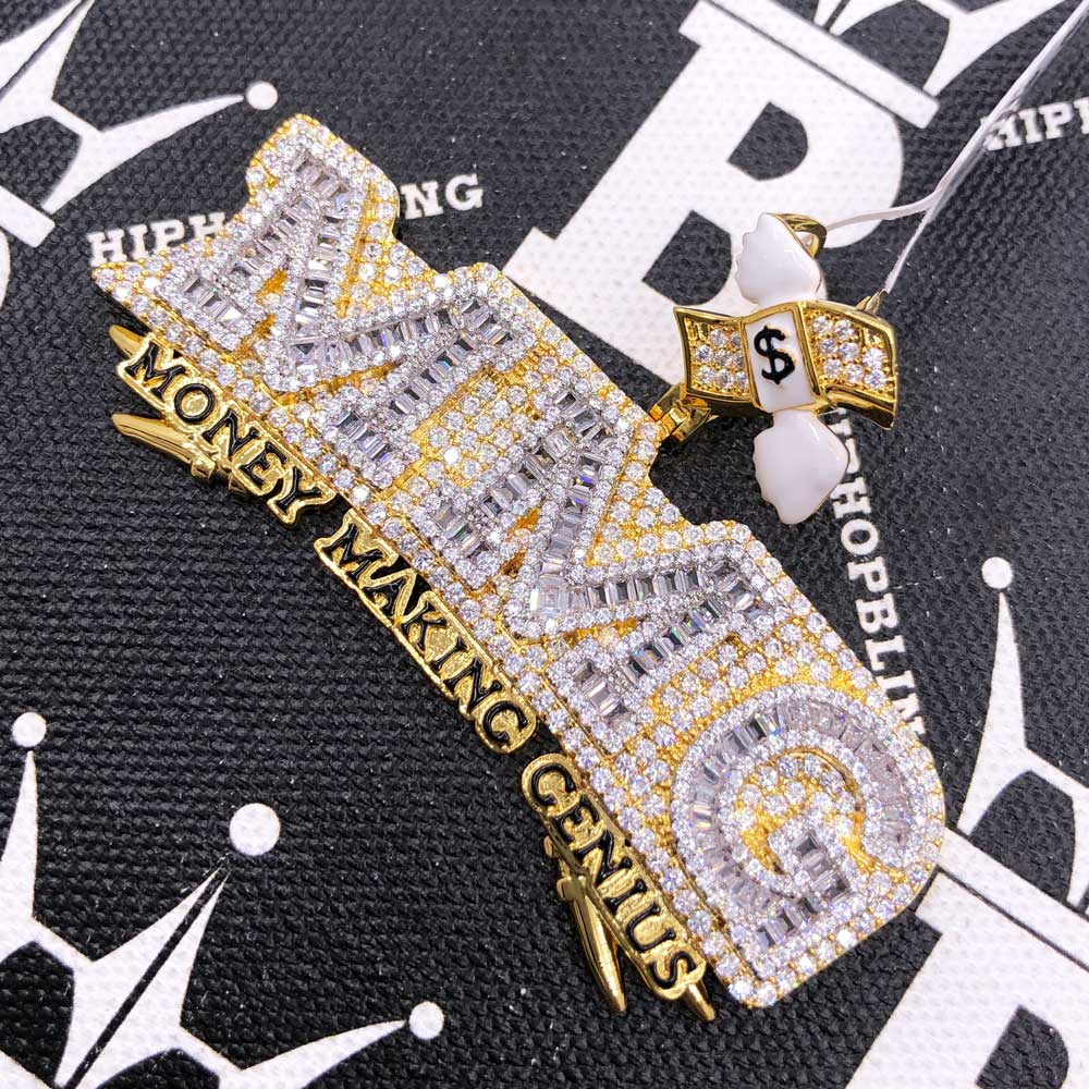 MMG Money Making Genius CZ Hip Hop Iced Out Pendant Yellow Gold HipHopBling