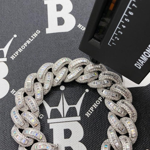 Moissanite Baguette Cuban Iced Out Bracelet 18MM .925 Sterling Silver 8" Bracelet HipHopBling