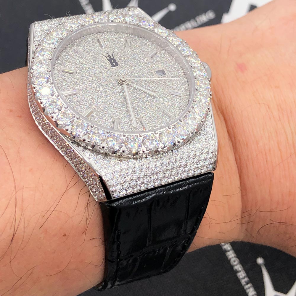 Moissanite Crown Hip Hop Bling Bustdown Leather Watch 20 Carats White Gold HipHopBling