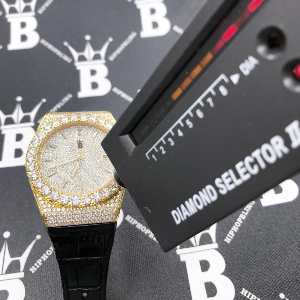 Moissanite Crown Hip Hop Bling Bustdown Leather Watch 20 Carats White Gold HipHopBling