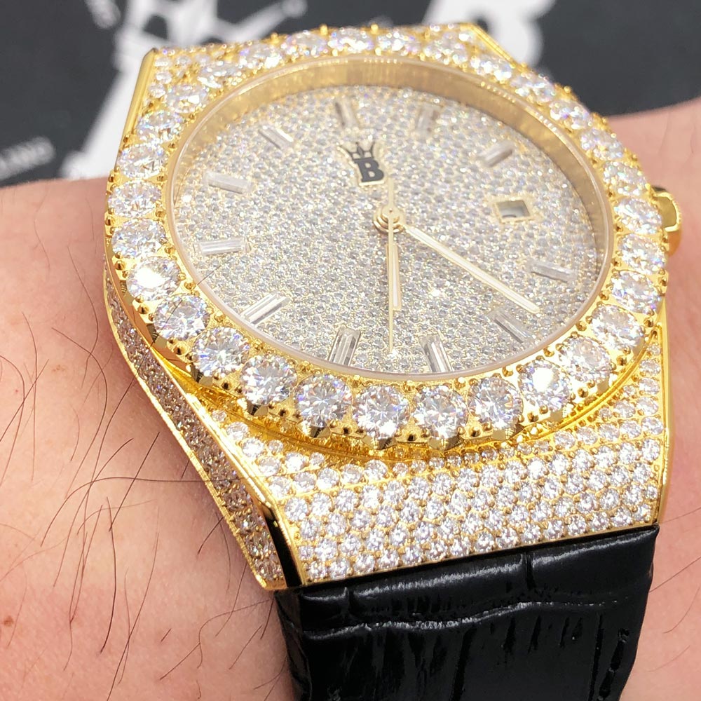 Moissanite Crown Hip Hop Bling Bustdown Leather Watch 20 Carats White Gold HipHopBling