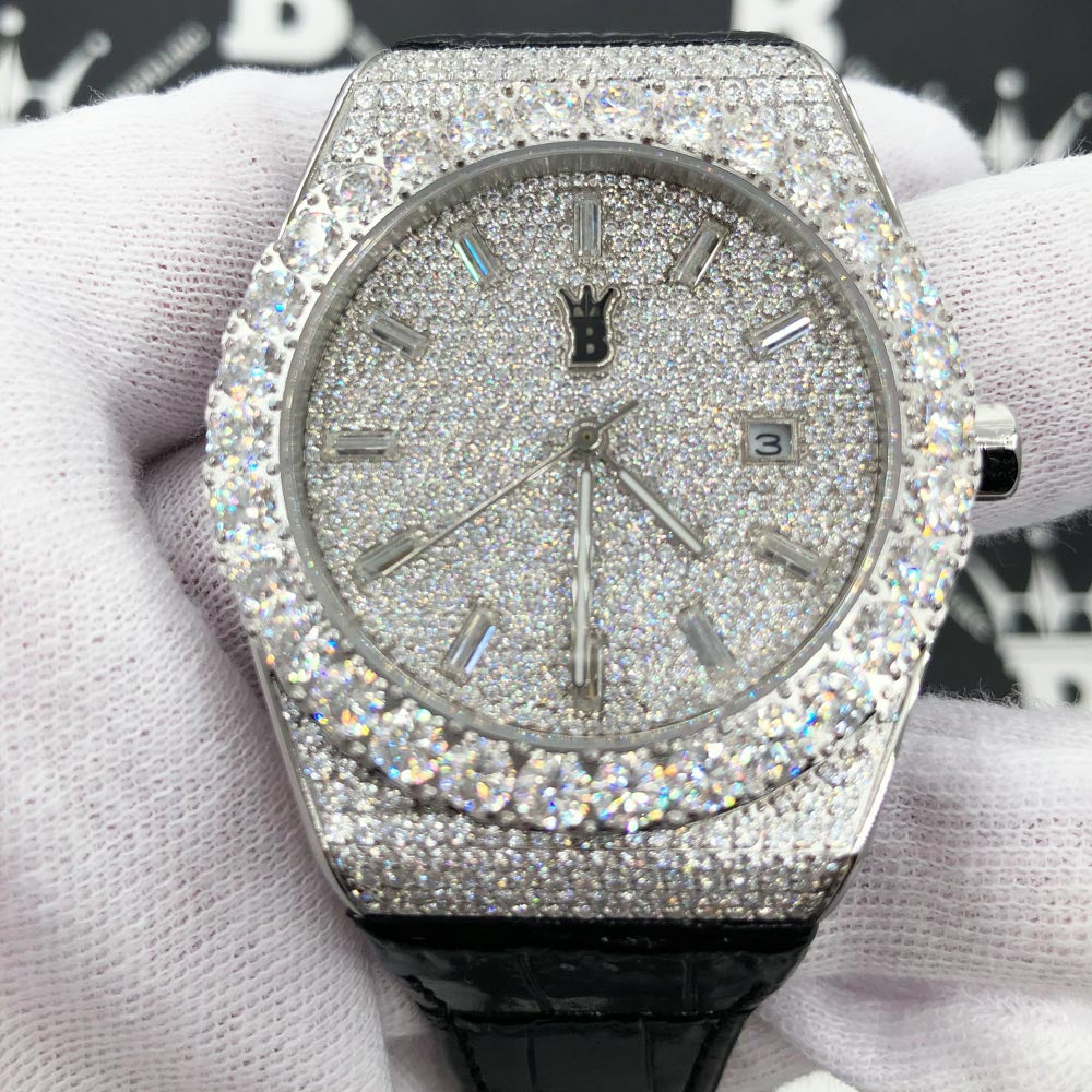 Moissanite Crown Hip Hop Bling Bustdown Leather Watch 20 Carats White Gold HipHopBling