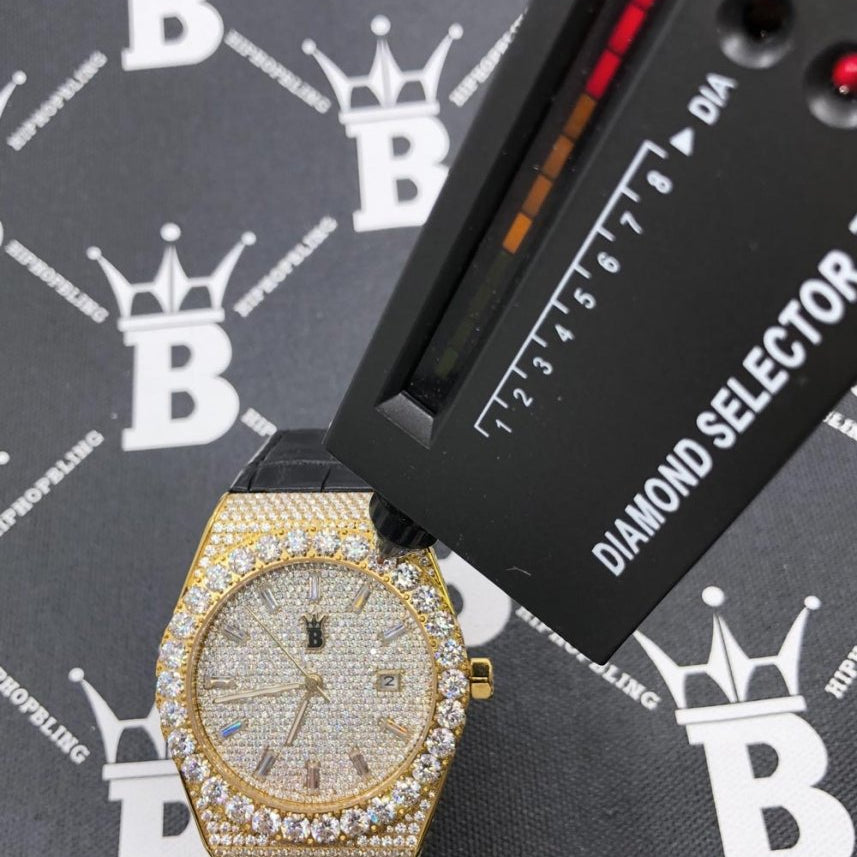 Moissanite Crown Hip Hop Bling Bustdown Leather Watch 20 Carats White Gold HipHopBling