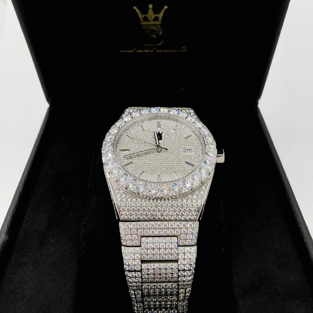 Moissanite Crown Iced Out Hip Hop Bling Bustdown Watch 50 Carats White Gold HipHopBling