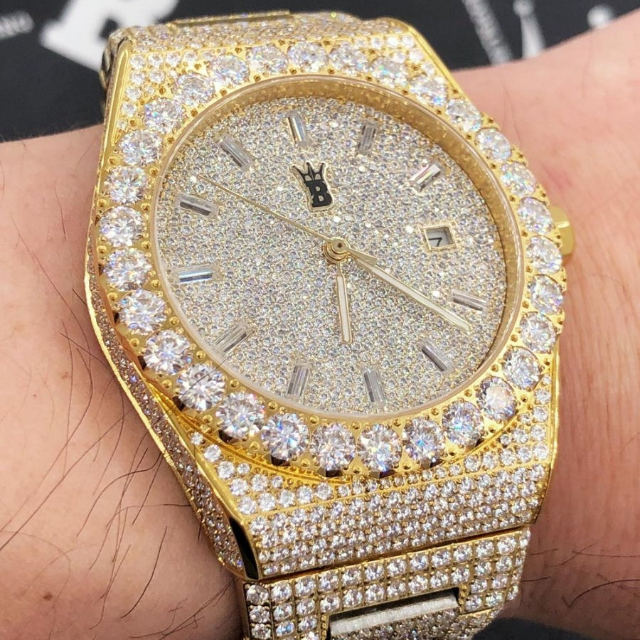 Moissanite Crown Iced Out Hip Hop Bling Bustdown Watch 50 Carats White Gold HipHopBling