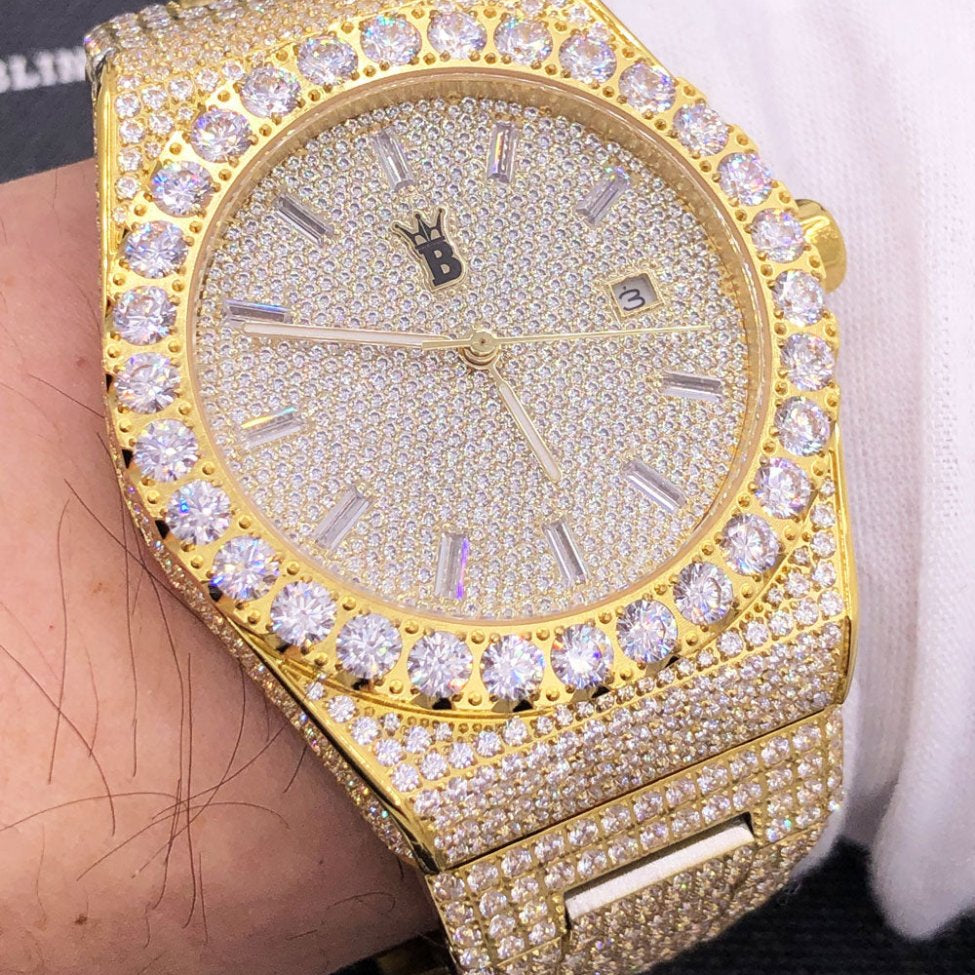 Moissanite Crown Iced Out Hip Hop Bling Bustdown Watch 50 Carats Yellow Gold HipHopBling