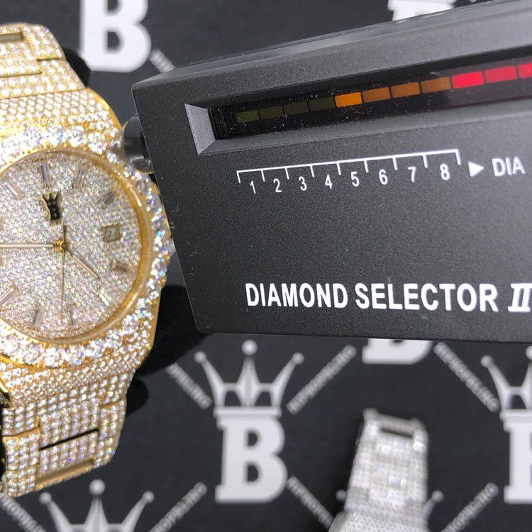 Moissanite Crown Iced Out Hip Hop Bling Bustdown Watch 50 Carats Yellow Gold HipHopBling