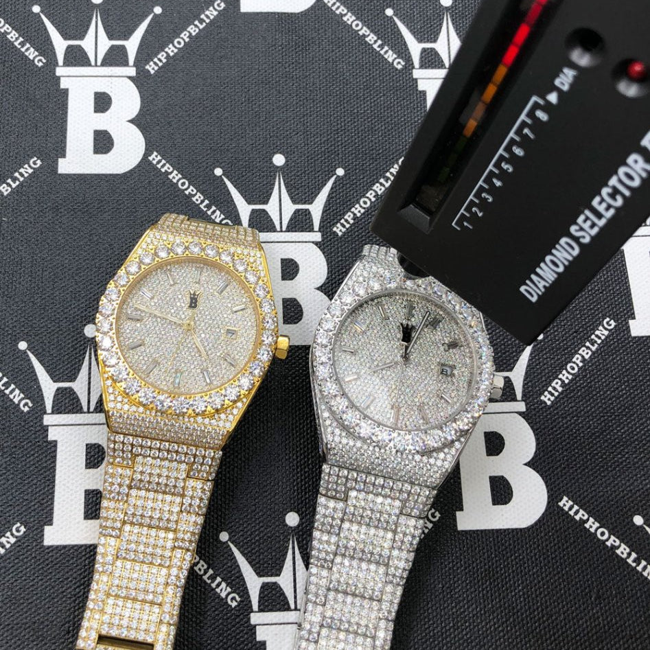 Moissanite Crown Iced Out Hip Hop Bling Bustdown Watch 50 Carats Yellow Gold HipHopBling