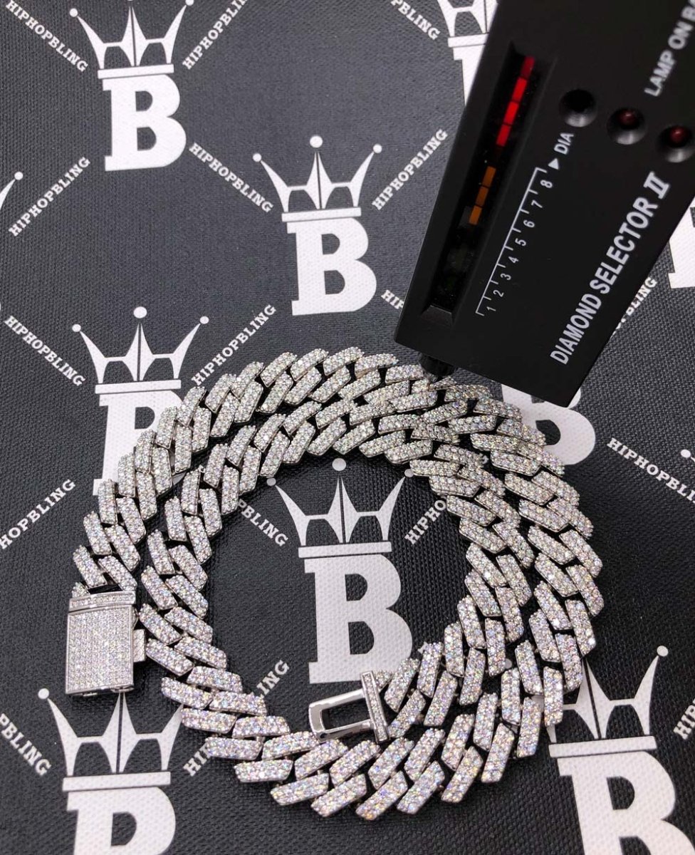 Moissanite Cuban Sharp Link Iced Out Chain 15MM .925 Sterling Silver 18" HipHopBling
