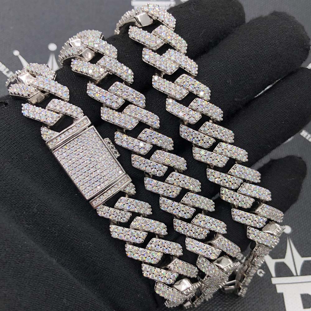 Moissanite Cuban Sharp Link Iced Out Chain 15MM .925 Sterling Silver 7" Bracelet HipHopBling
