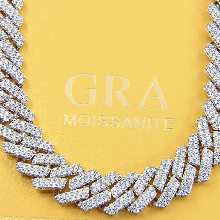 Moissanite Iced Out Cuban Chain Sharp Link 13MM .925 Sterling Silver 18" HipHopBling
