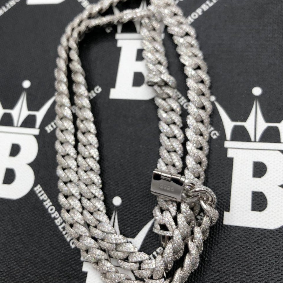 Moissanite Iced Out Miami Cuban Chain Link 9MM .925 Sterling Silver 18" HipHopBling