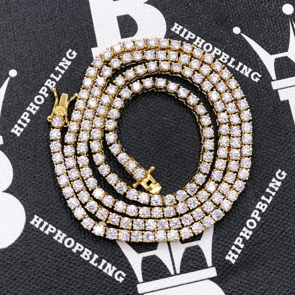 Moissanite VVS D Ideal Cut Tennis Chain in .925 Sterling Silver 3MM 18" Yellow Gold HipHopBling