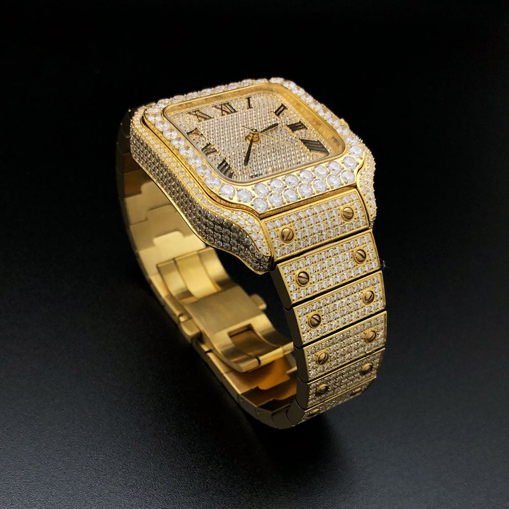 Moissanite VVS Iced Out Baller Square Steel Bust Down Watch Yellow Gold HipHopBling