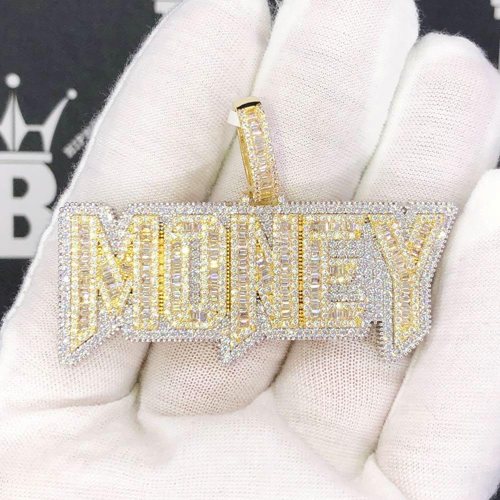Money Baguette Plaque VVS CZ Hip Hop Iced Out Pendant Yellow Gold HipHopBling