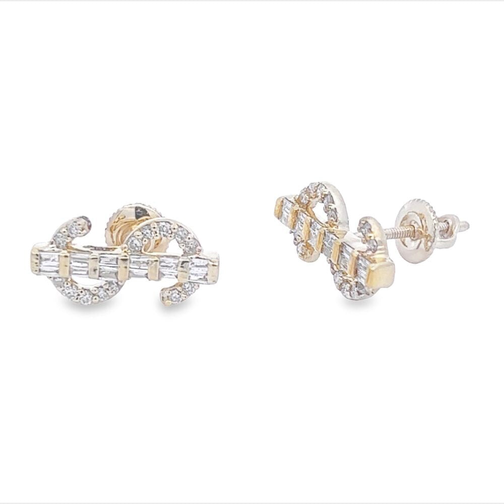 $ Money Dollar Sign Baguette Diamond Earrings .32cttw 10K Gold 10K Yellow Gold HipHopBling
