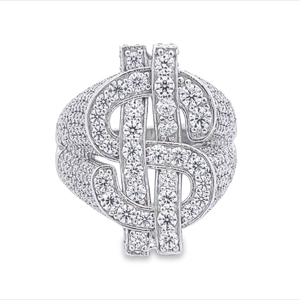 Money Dollar Sign Iced Out VVS Moissanite Ring .925 Sterling Silver White Gold 7 HipHopBling