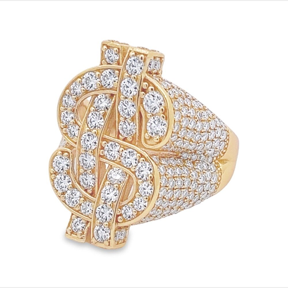 Money Dollar Sign Iced Out VVS Moissanite Ring .925 Sterling Silver Yellow Gold 7 HipHopBling