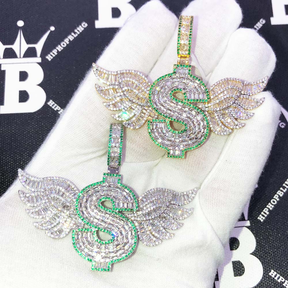 Money Sign Wings Baguette VVS CZ Hip Hop Iced Out Pendant Yellow Gold HipHopBling