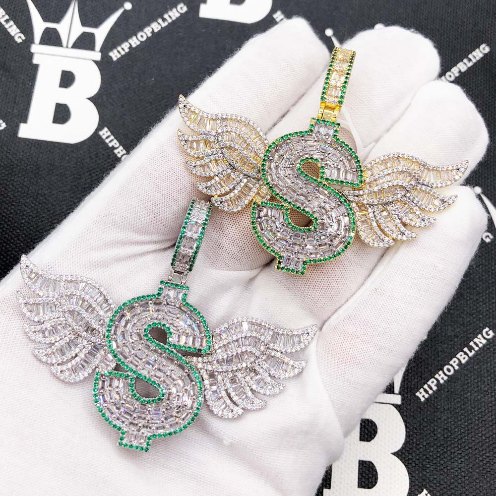 Money Sign Wings Baguette VVS CZ Hip Hop Iced Out Pendant Yellow Gold HipHopBling