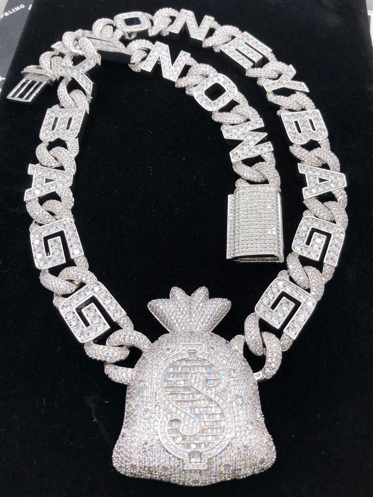 Moneybagg Yo Custom Limited Edition Name Money Bag Chain White Gold HipHopBling