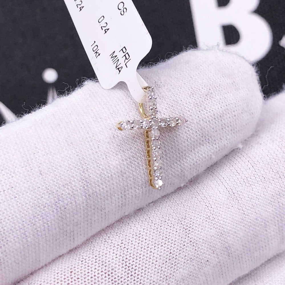 Nano Sized Tennis Cross Diamond Pendant .25cttw 10K Yellow Gold HipHopBling