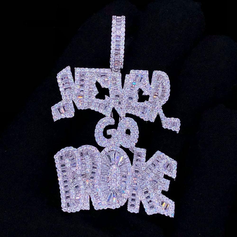 Never Go Broke Baguette VVS CZ Hip Hop Iced Out Pendant White Gold HipHopBling