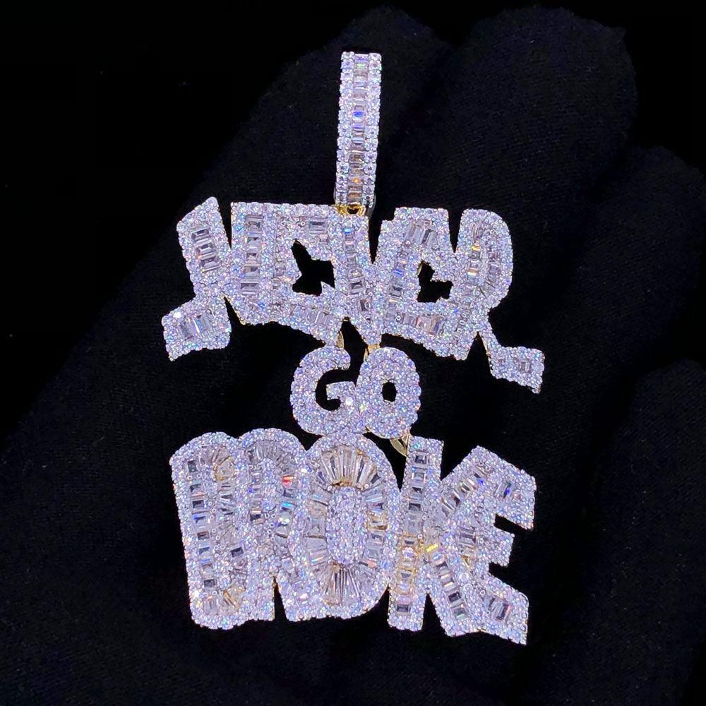 Never Go Broke Baguette VVS CZ Hip Hop Iced Out Pendant Yellow Gold HipHopBling