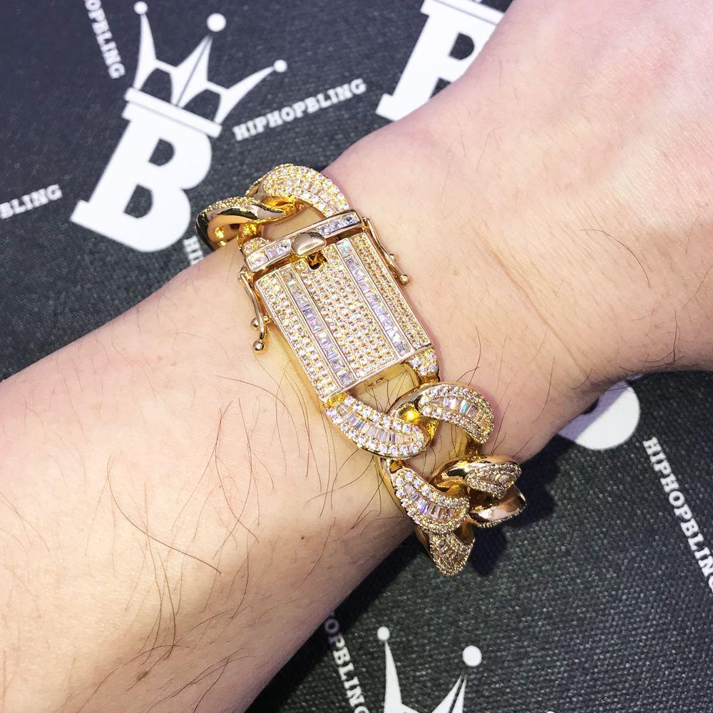 New Baguette Cuban VVS CZ Iced Out Hip Hop Bracelet Yellow Gold 8" HipHopBling