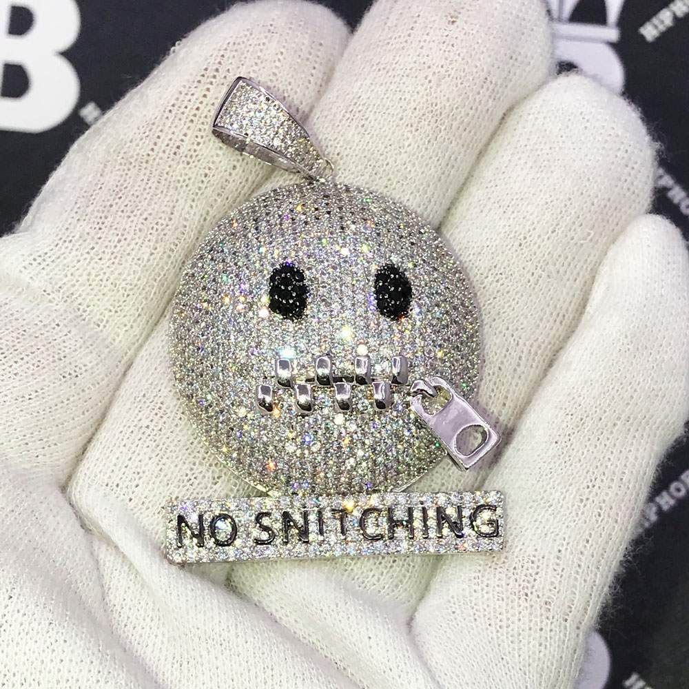 No Snitching Face CZ Hip Hop Bling Bling Pendant White Gold HipHopBling