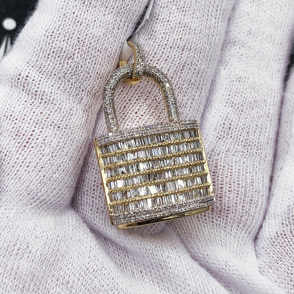 Padlock Baguette Diamond Pendant 1.30cttw 10K Yellow Gold HipHopBling