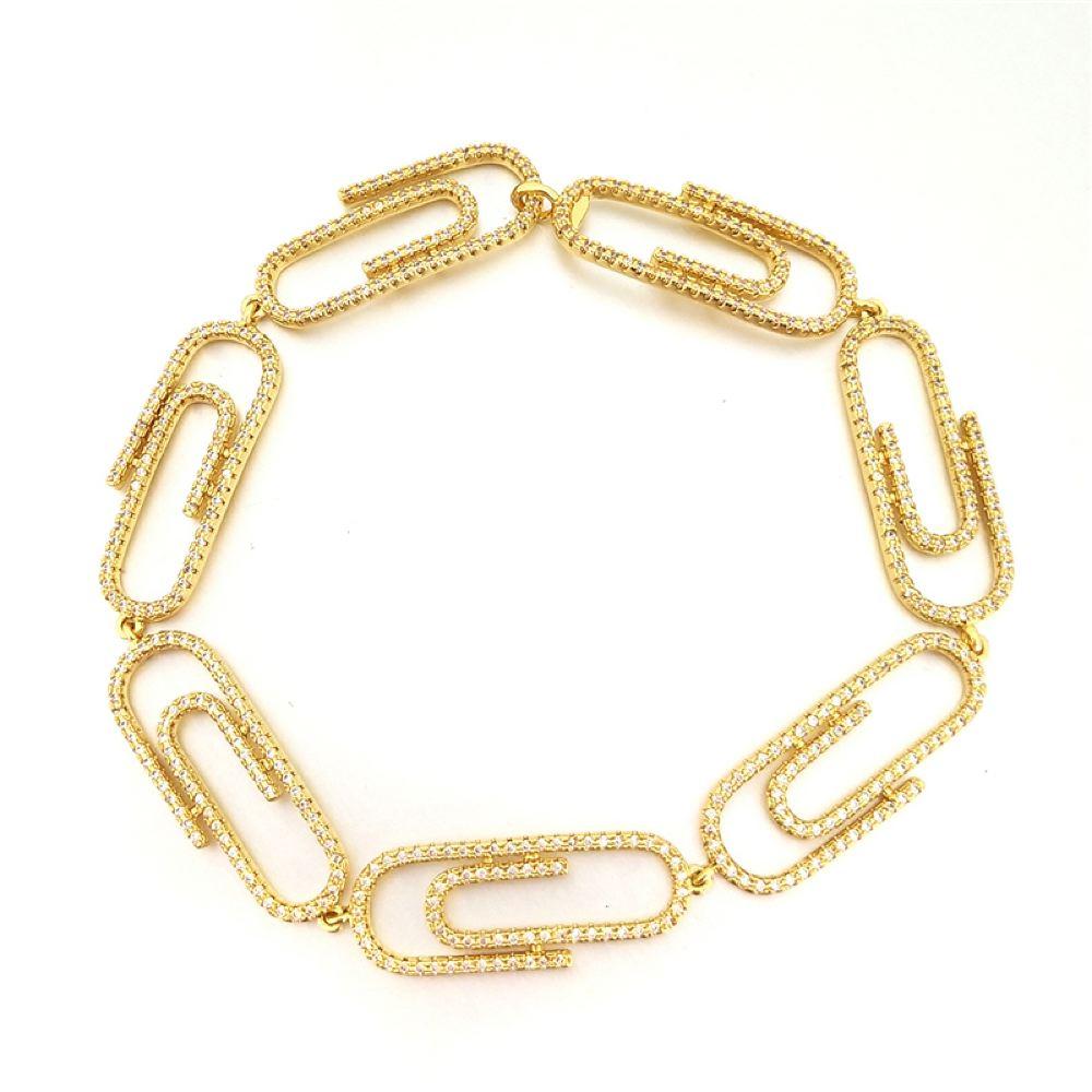 Paper Clip Link CZ Bling Bling Bracelet Yellow Gold 9" HipHopBling