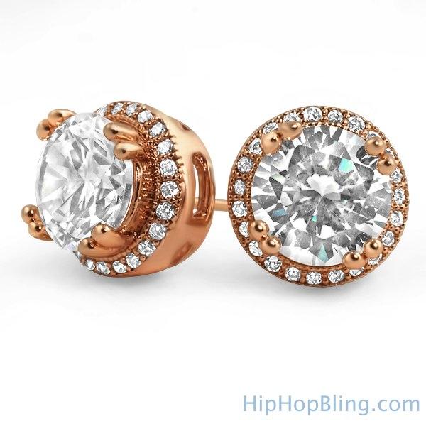 Pave Ice Border Gold CZ Solitaire Bling Bling Earrings ROSE GOLD HipHopBling