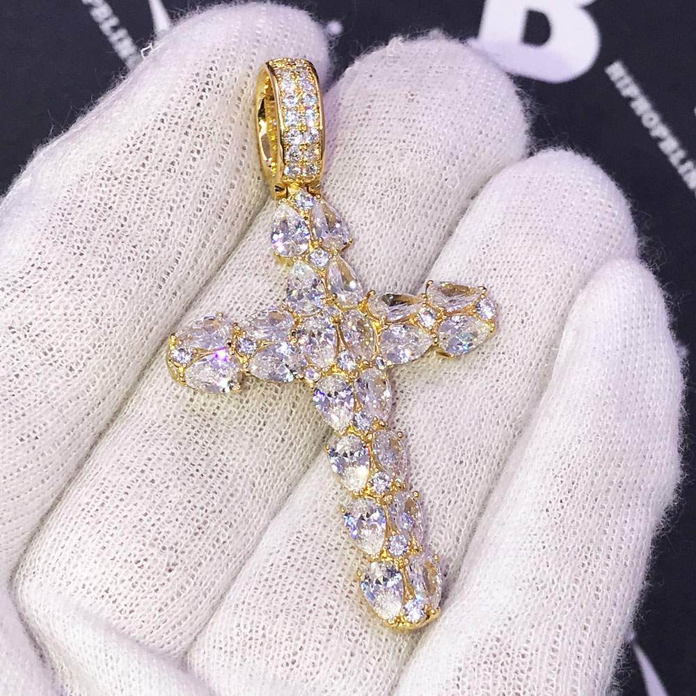 Pear Cut Cross CZ Hip Hop Bling Bling Pendant Yellow Gold HipHopBling