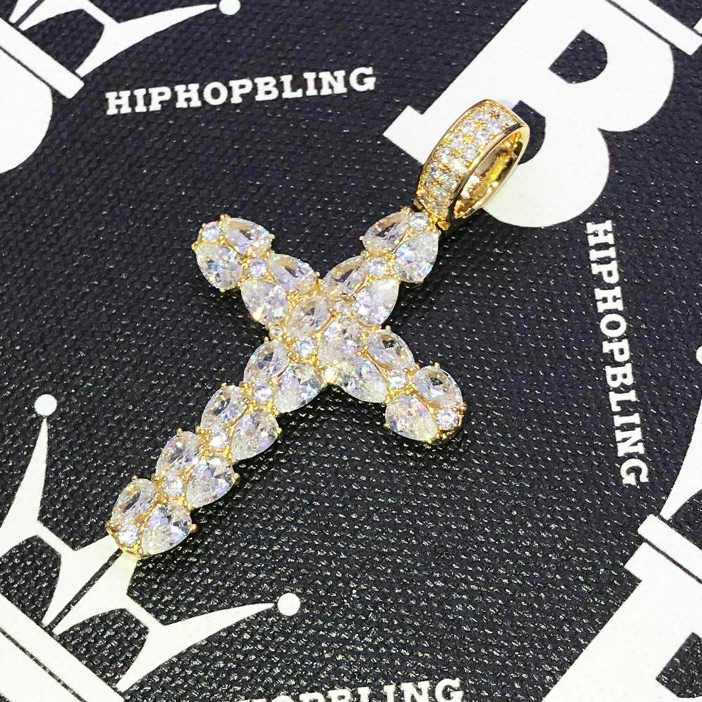 Pear Cut Cross CZ Hip Hop Bling Bling Pendant Yellow Gold HipHopBling
