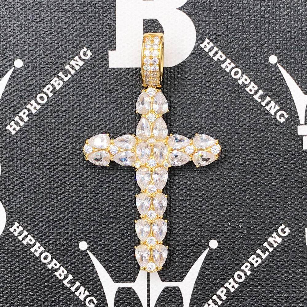 Pear Cut Cross CZ Hip Hop Bling Bling Pendant Yellow Gold HipHopBling
