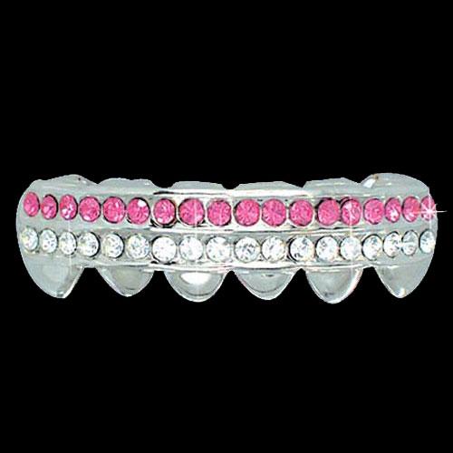 PINK / CLEAR Double Bar SILVER Iced Out Grillz Hip Hop Bling Grills BOTTOM HipHopBling