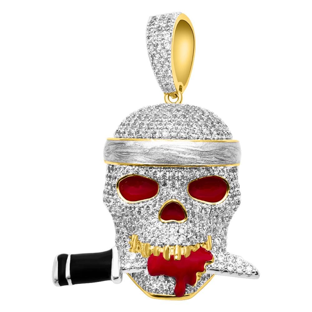 Pirate Skull Knife VVS CZ Hip Hop Iced Out Pendant Yellow Gold HipHopBling